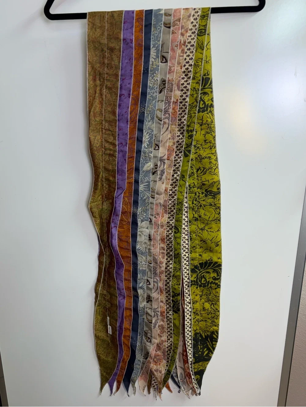 Handmade Patchwork Silk Skinny Scarf Boho Festival Lagenlook Wearable Art